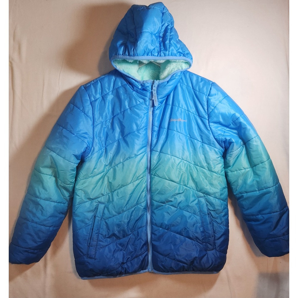 Eddie Bauer Blue Ombre Hooded Puffer Jacket Faux Fur Lined Girls XL 14-16
